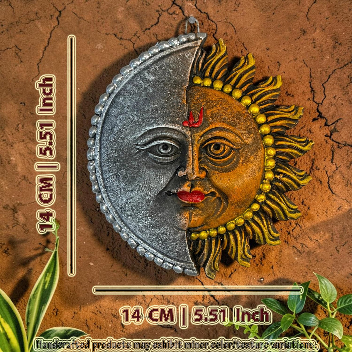 Sun Moon Terracotta Wall Hanging | Hand-Painted Sun & Moon Figurine Spiritual Wall Decor for Main Door Entrance, Home, Office & Vastu Decoration | Spiritual Wall Art (14x14 CM)