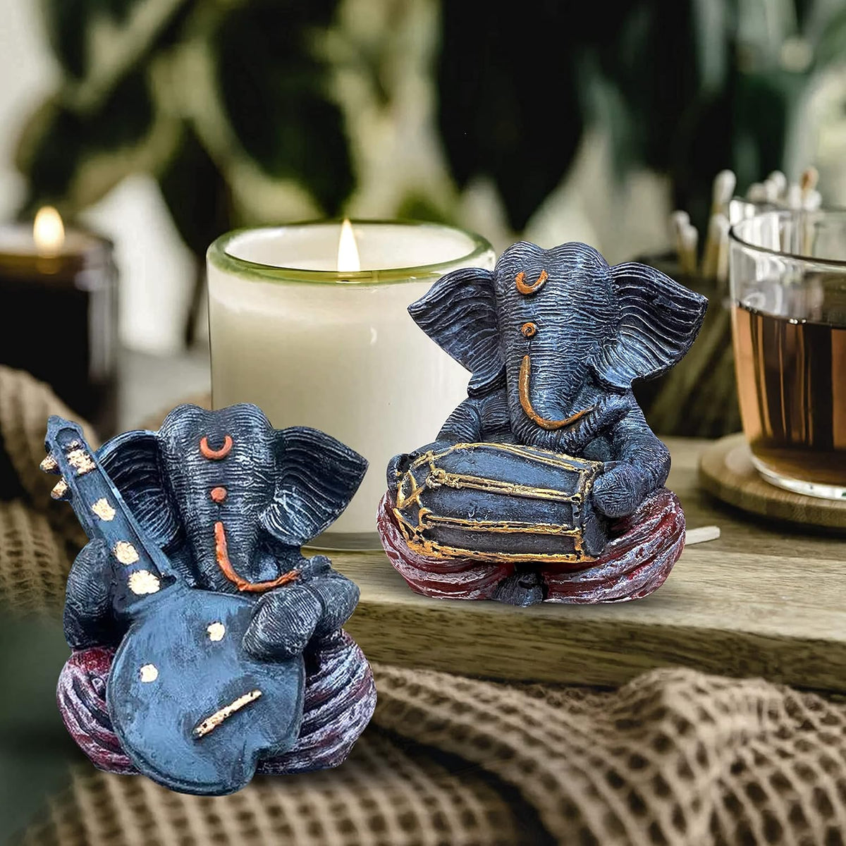 Beautiful Resin Ganesha Statues for Home Decor (Pack of 2, Grey & Red Colour)