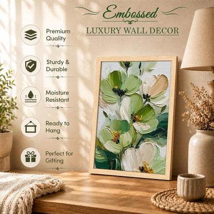 Modern Abstract 3D Textured Floral Painting for Living Room, Green & White Flower Motifs Rectangular Shape Framed Wall Painting for Home Decor (Size: 8x12 Inch)