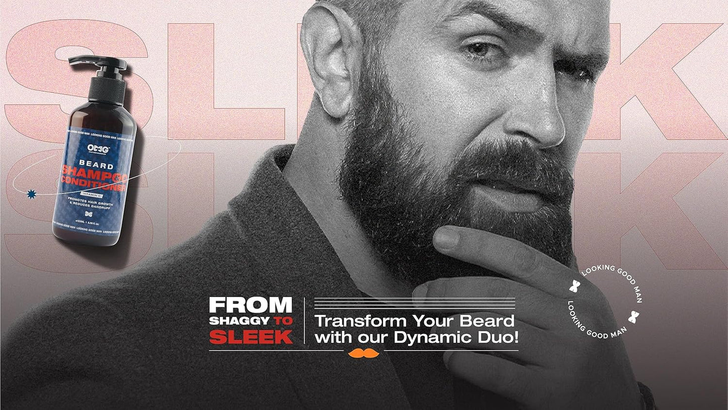 Man with a beard and a bottle of grooming product with text promoting beard transformation.