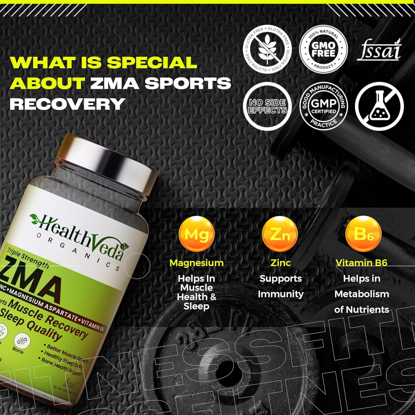 Zephivo HEALTH VEDA ORGANICS PRIVATE LIMITED Zma (Zinc, Magnesium Aspartate & Vitamin B6) | Nighttime Muscle Recovery Supplements For Improved Muscle Strength | For Both Men & Women | 60 Veg Tablets