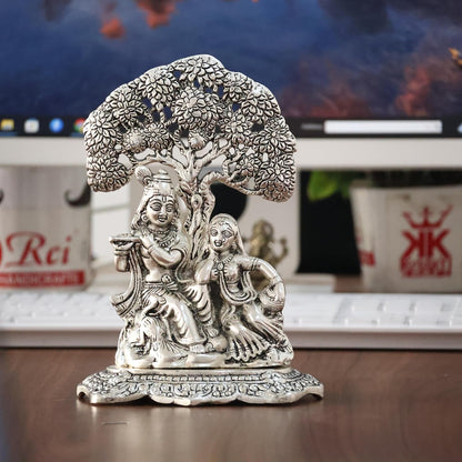 KridayKraft Metal Radha Krishna Idol with Under Tree Decorative Showpiece Statue for Puja Room Home Office Desk Gift Items Ornate Metal Sculpture of Hindu Deities, 18 cm Height Silver