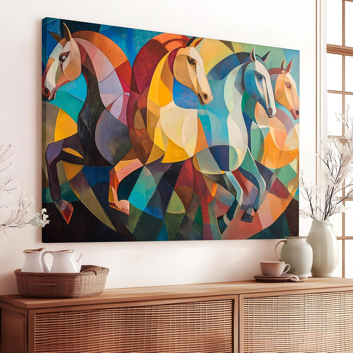 Landscape Abstract Wall Art Four Running Horses Vastu Multicolor | Digital Painting on Canvas Stretched on Wood | Perfect for Living Room, Bedroom, Office (22x34 Inch)