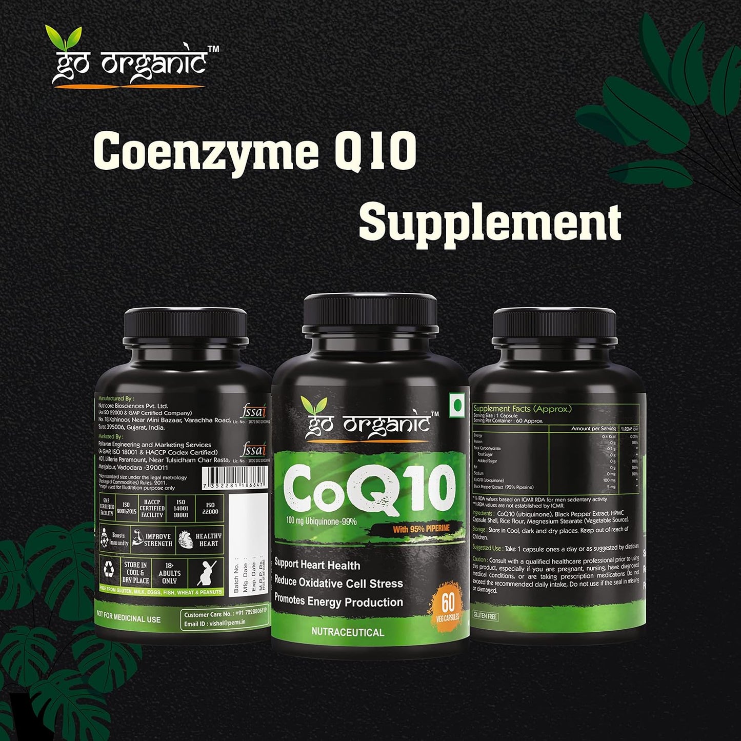 Go Organic Coenzyme Q10 100mg supplement with high absorption to improve BioPerine | 60 Capsule | Supplement for healthy heart and immunity 60 Count