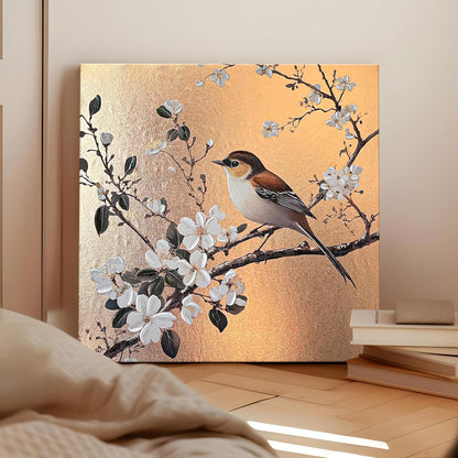 Stretched Canvas Glitter Gold Foil 3D Sparrow Birds of Cherry Blossom Flower Wall Art Bird Print with Hand-Painted Strokes Painting T1exture 3D Stretched Canvas Giclée Print, 61x61 cm