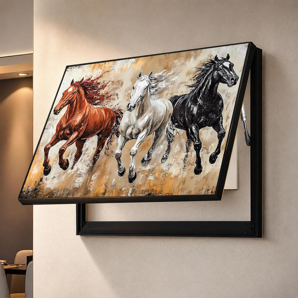 Electric MCB Box Cover Frame With Hydraulic Decorative Painting White 3 Running Horse Painting Electrical Panel box Cover, Switch Box Frame Will Fit Max 10x14 inch Switch Board, Outer Size 13X17 Inch