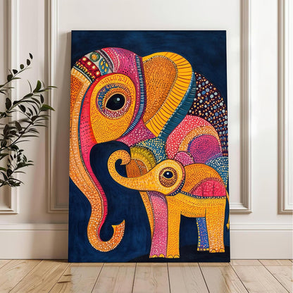 Gond Art of Elephants Wall Paintings for living room, Elephaint Pair Wall Art Paintings for bedroom, office, stretched canvas, 16x22 Inch