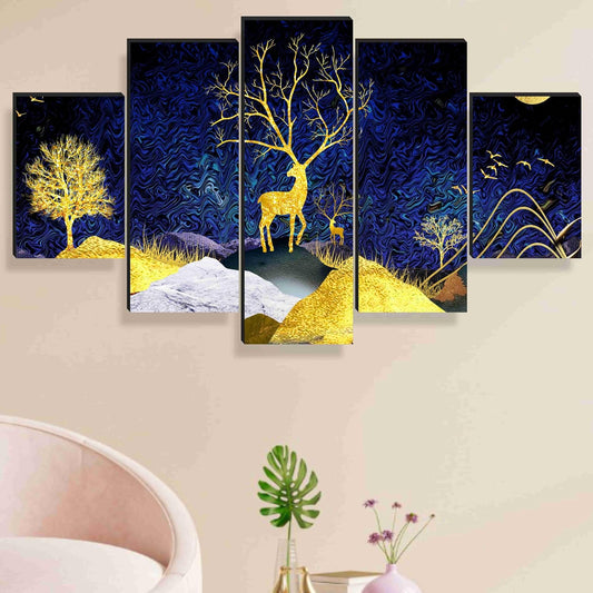 Deer Paintings for Wall Decoration - Set Of Five, 3d Scenery Vastu Painting for Living Room Large Size with Frames for Home Decoration, Hotel, Office 76.2 cm x 45 cm SANFPNLS35463