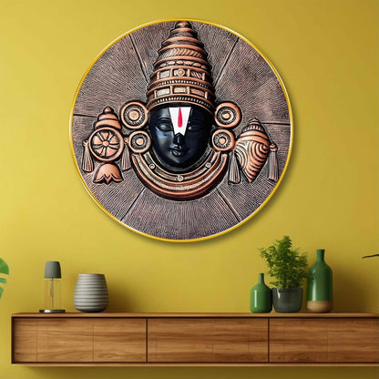Tirupati Balaji Round Wall Art | MDF Panel with Golden Rim | Divine Venkateswara Design | Spiritual Wall Hanging for Home, Temple & Living Room Decor | Premium Artistic Frame 12 Inch x 12 Inch