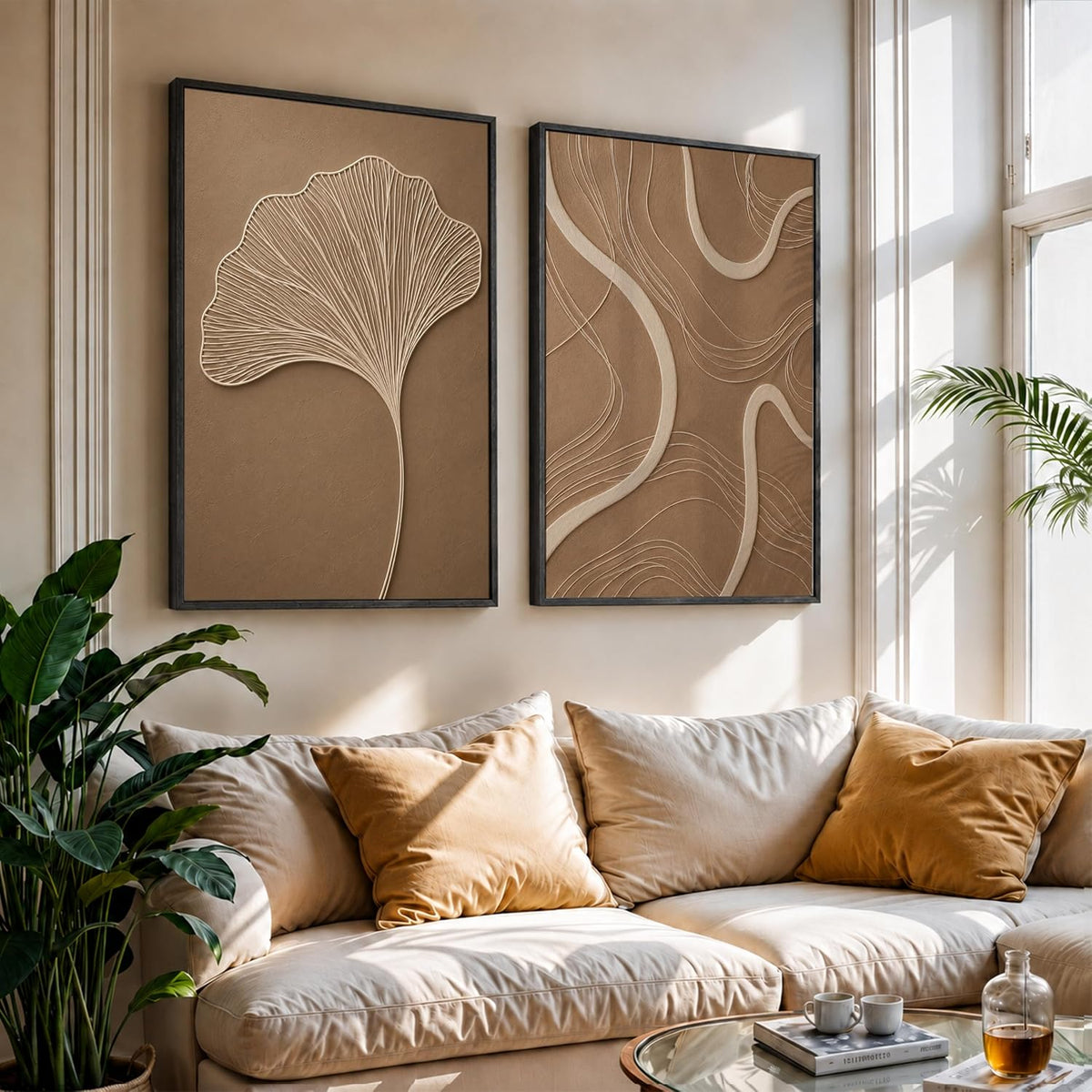 Ginkgo Leaf Wall Painting Set of 2 with Frame | Minimal Brown Beige Botanical & Abstract Line Texture Artwork, Modern Neutral Wall Decor for Living Room, Bedroom, Office and Home Decoration (Art-11, 10x13inch)