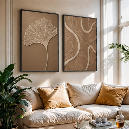 Ginkgo Leaf Wall Painting Set of 2 with Frame | Minimal Brown Beige Botanical & Abstract Line Texture Artwork, Modern Neutral Wall Decor for Living Room, Bedroom, Office and Home Decoration (Art-11, 10x13inch)