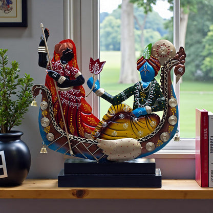 Radha Krishna Boat Showpiece for Home Decor | Iron Metal Decorative Idol with Wooden Base | 15 Inch Spiritual Statue for Living Room, Bedroom, Temple & Gifting