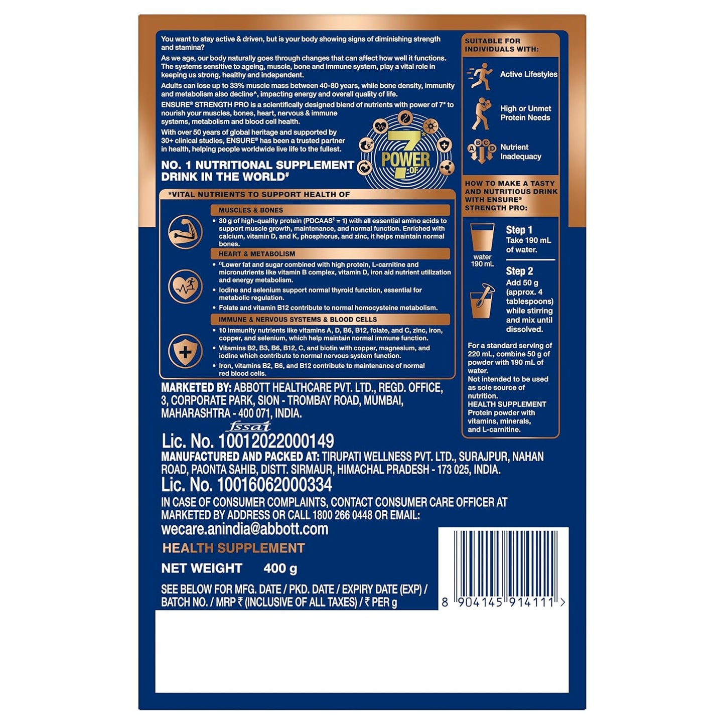Ensure Strength Pro High Protein Nutritional Drink for Adults | Vanilla Delight 400g | 30g Protein | Low GI | Gluten Free | L-Carnitine | No Artificial Flavors | Supports Muscles, Bones, Heart, Immunity & Metabolic Health