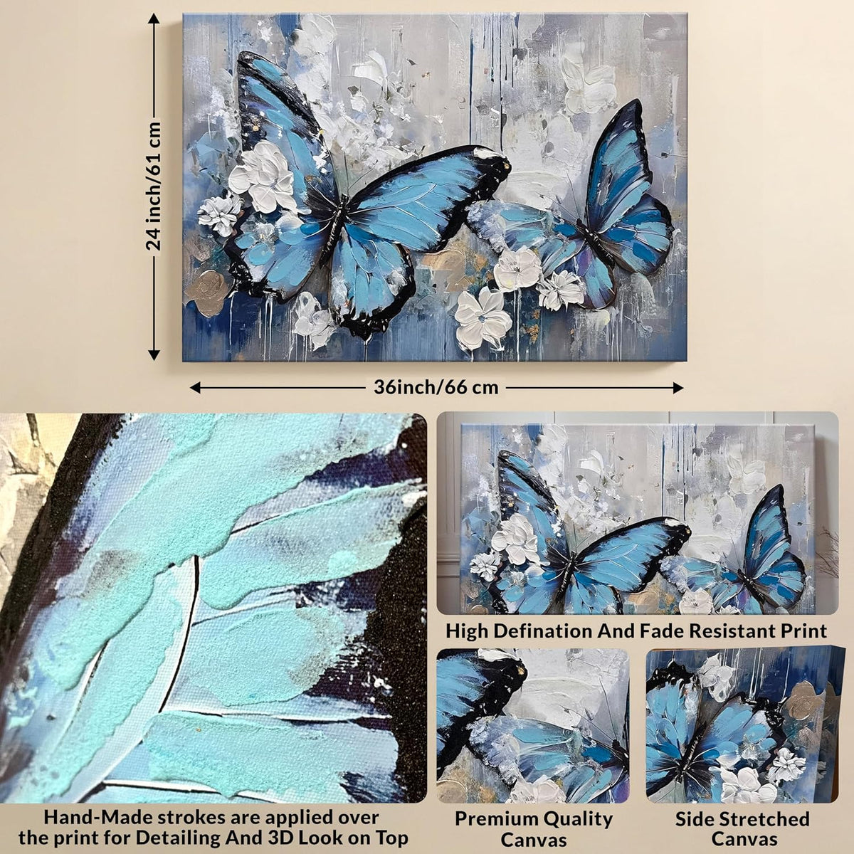 Abstract Butterfly Wall Art Blue Butterfly Stretched Canvas Painting for Living Room Abstract 3D Textured Paintings for Bedroom Office Wall Décor Hand Painted Canvas Art 61x91 cm