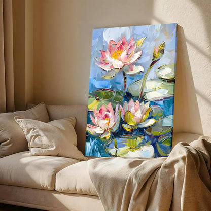 Lotus Flower Canvas Wall Art Painting for wall decoration, Lotus Flower Pond Floral Stretched Canvas for Living Room, bedroom, Home and Office, 16x22 Inch