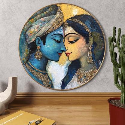 Radha Krishna Round Art Print with Golden Frame | Abstract Artistic Divine HD Art Print for Living Room Pooja Room Home Décor 16 Inch x 16 Inch