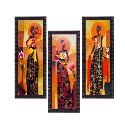 Set Of 3 Tribal Village Ladies Paintings Digital Printed Woman Wall Art - Ethnic And Captivating Home Decor Accent - Gift For Art Lovers And Cultural Enthusiasts