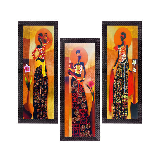 Set Of 3 Tribal Village Ladies Paintings Digital Printed Woman Wall Art - Ethnic And Captivating Home Decor Accent - Gift For Art Lovers And Cultural Enthusiasts