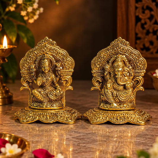 Brass Finished Ganesh Lakshmi Metal Idol Set, Ganesh and Laxmi Murti for Mandir, Pooja Room, Ganesha Statue Diwali Decoration for Home Diwali Gifts, for Family and Friends, 12x13 cm