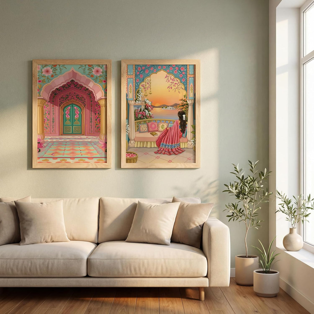 Rajasthani Woman Balcony Lake View Wall Art Painting | Set of 2 Framed Paintings | Indian Aesthetic Decor for Living Room Bedroom Home Office | (ART 1, 13x19 INCHES)