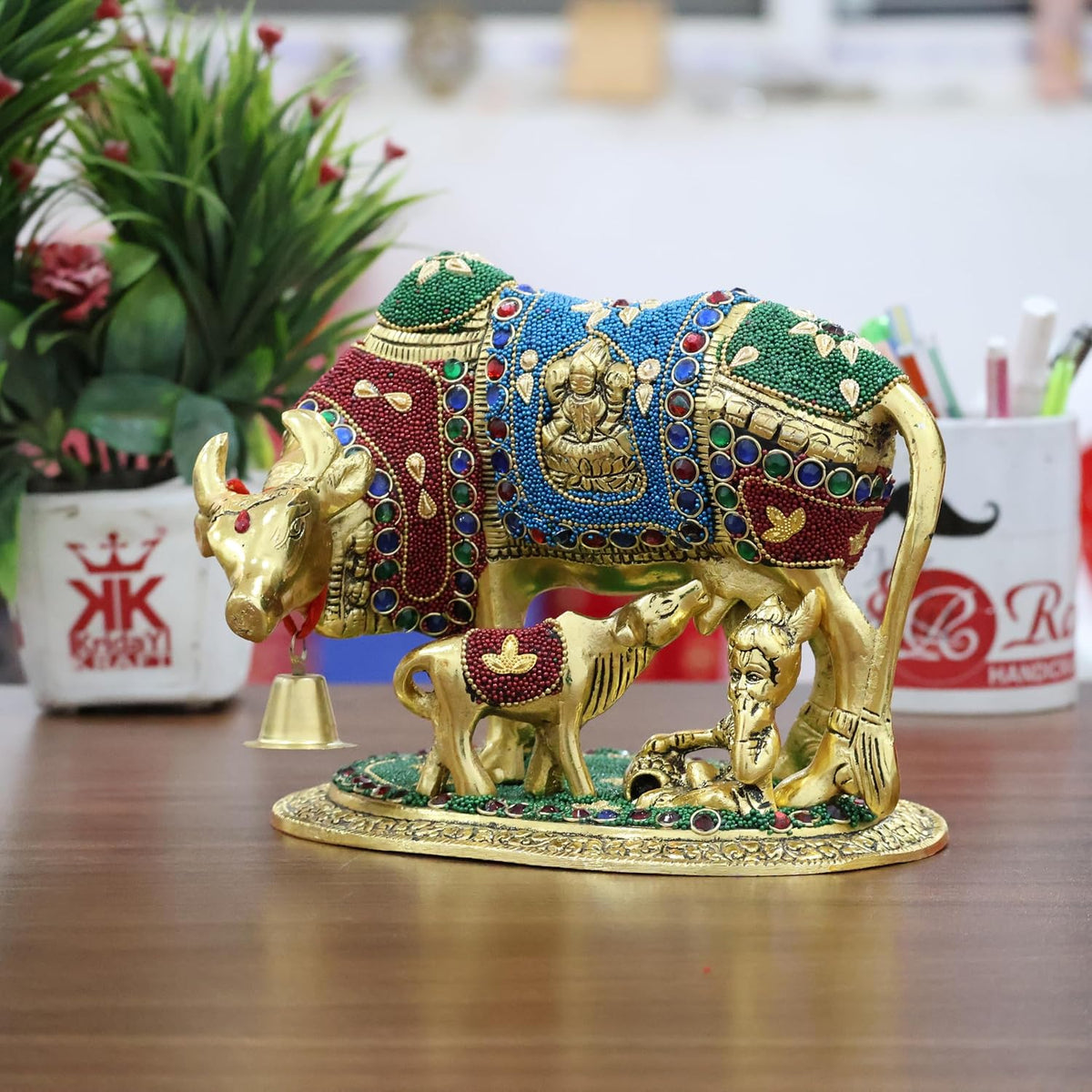 KridayKraft Kamdhenu Cow Calf Bal Gopal Krishna Metal Statue, Gold Stone XL