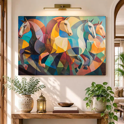 Landscape Abstract Wall Art Four Running Horses Vastu Multicolor | Digital Painting on Canvas Stretched on Wood | Perfect for Living Room, Bedroom, Office (22x34 Inch)
