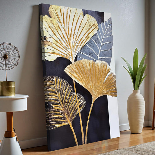 Abstract Stretched Canvas Paintings Gold Ginkgo Leaf Wall Art 3D Textured Abstract Botanical Canvas Painting Wall Décor Hand Painted Art Painting for Modern Home Decor 61x 91cm