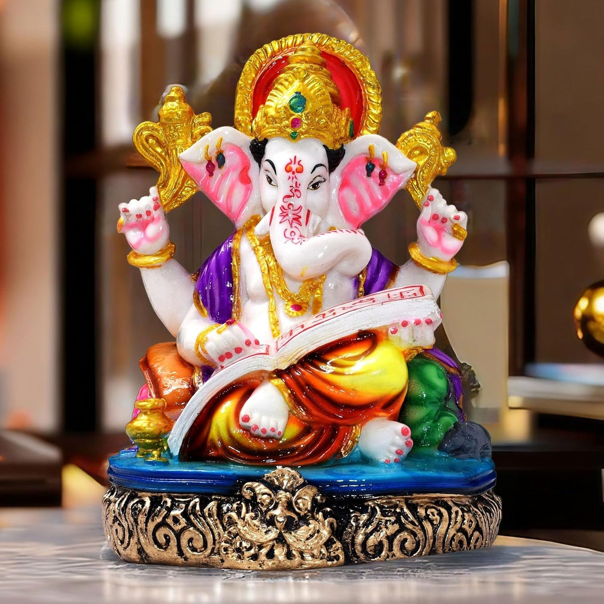 Ganesha Shubh Labh Statue 7.5 inch Poly Resin Figurine Showpiece for Home Temple Idol, Ganesh Chaturthi, Living Room Decor Showcase, Office Desk, Grih Pravesh