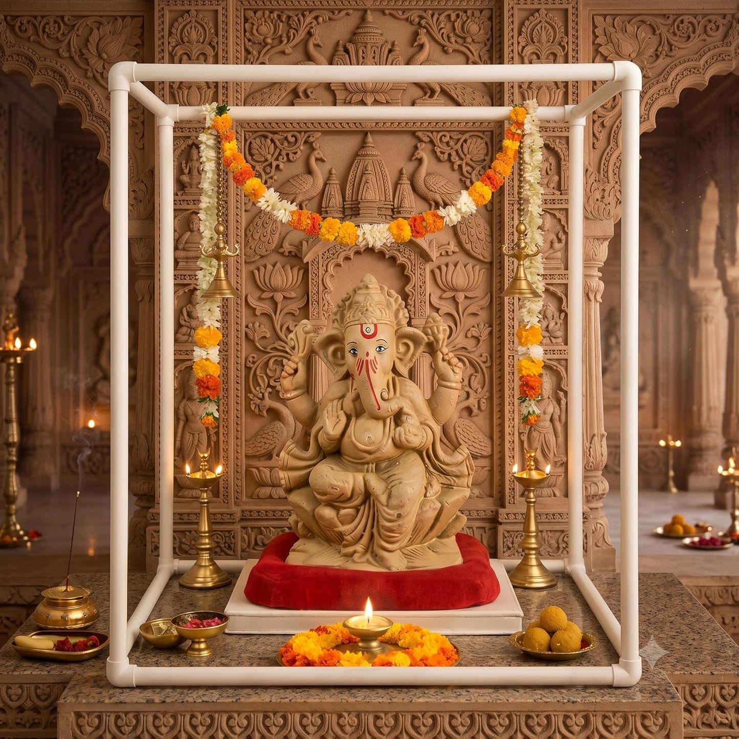 SAUDEEP INDIA 54cm Ganpati Mandap for Ganesh Chaturthi Idol Home Decor | Ganesh Murti Sthapana Stand | DIY Pooja Pandal Backdrop Frame Setup | Home Temple Ganpati Bappa Idol Platform