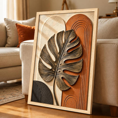 Modern Abstract 3D Textured Embossed Leaf Painting for Living Room, Terracotta & Gold Monstera Leaf Motifs Rectangular Shape Framed Wall Painting for Home Decor (Size: 13x17 Inch)