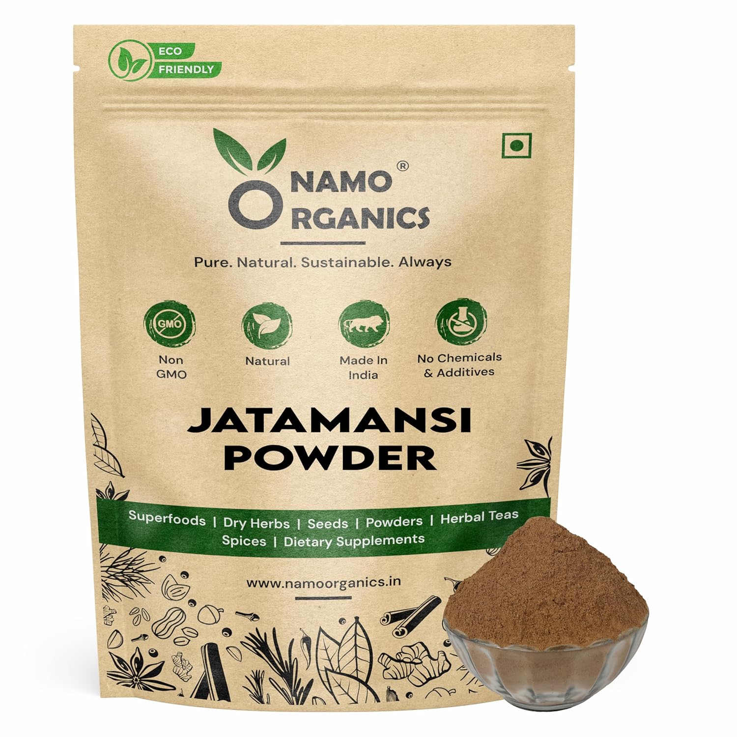 Namo Organics Jatamansi Powder packaging with a small bowl of powder on a white background