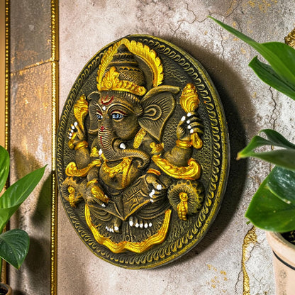Ganesh Ji with Book Terracotta Wall Hanging Idol Murti | Ganpati Bappa Ganesha Wall Hanging for Door Entrance, Main Gate, Mandir, Home & Office Decor | Spiritual Wall Art (24x21 CM)