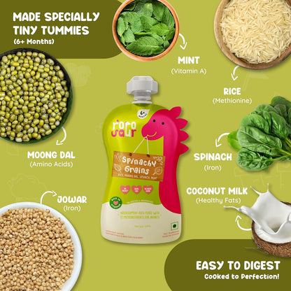 Rorosaur Baby Food Puree Pouch | Ready to Eat Palak Dal with Jowar in Pouch for 6+ Months Baby| Spinach |Easy to Digest, 100% Natural Healthy, No Preservatives, No Sugar, No Salt | 100g each, Pk of 2
