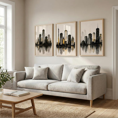 Set of 3 Modern City Skyline Wall Art Paintings for Living Room | Luxury Urban Cityscape Wall Decor | Framed Wall Paintings for Bedroom, Office, Hall & Home Decoration (13x19 Inches)