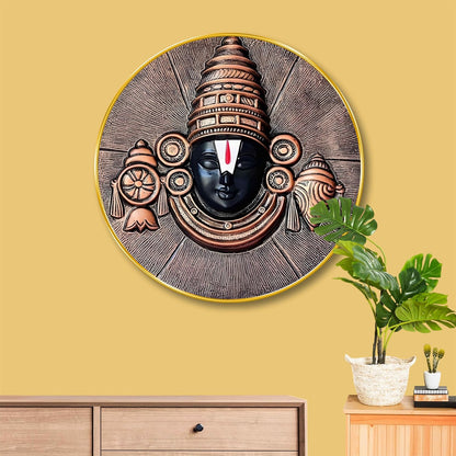Tirupati Balaji Round Wall Art | MDF Panel with Golden Rim | Divine Venkateswara Design | Spiritual Wall Hanging for Home, Temple & Living Room Decor | Premium Artistic Frame 12 Inch x 12 Inch