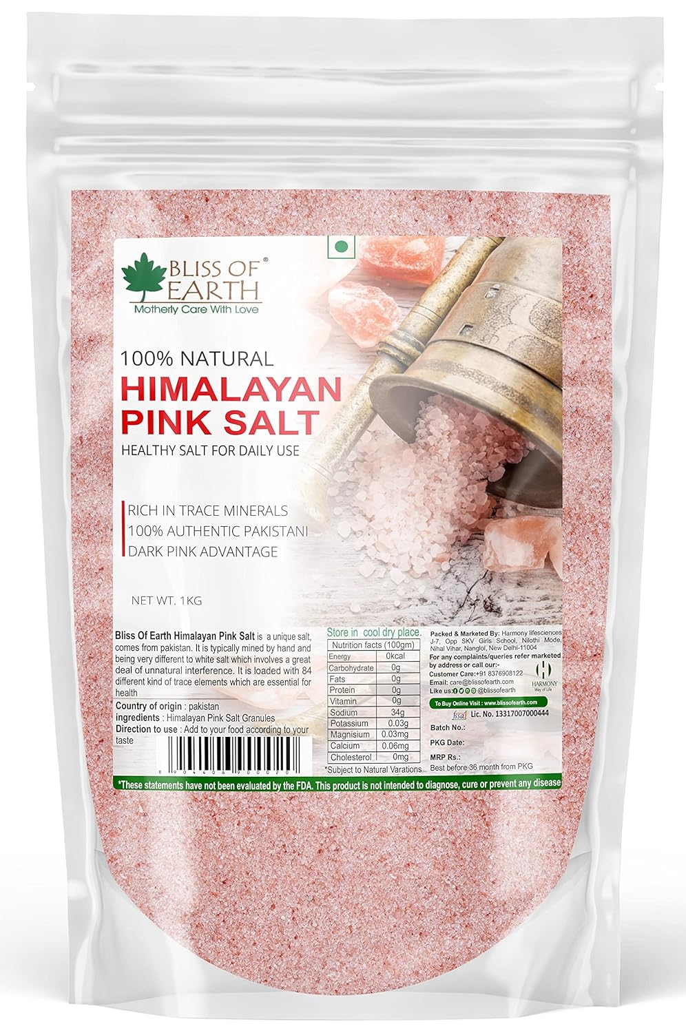 Bliss of Earth 1KG Pure Reguler Pakistani Himalayan Pink Salt Refill Pack Non Iodised for weight loss & Healthy Cooking, Natural Substitute of White Salt