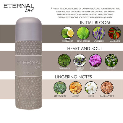 Eternal Love Body Spray for Men | Travel Size | Fresh, Cool & Energizing Scent | Long-Lasting Perfume | Woody Body Spray for Man | Gift for Him | 200ml
