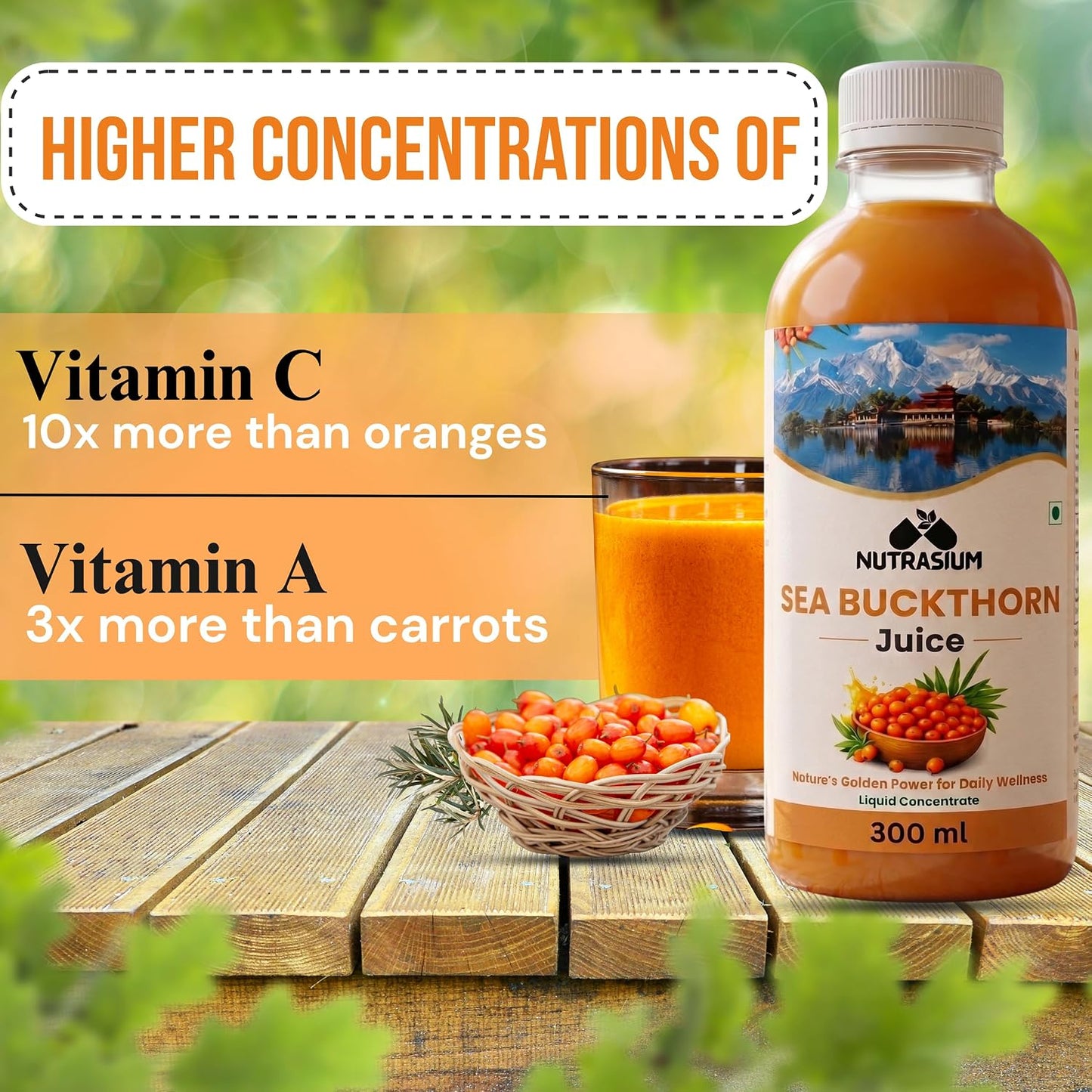 Nutrasium Sea Buckthorn Juice - 300 ml | Pulp Concentrate Made for Your Total Wellness Support |Natural Source of Vitamin C, Omega 3 6 7 9, Antioxidants For Immunity, Skin Glow & Gut Health