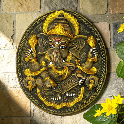 Ganesh Ji with Book Terracotta Wall Hanging Idol Murti | Ganpati Bappa Ganesha Wall Hanging for Door Entrance, Main Gate, Mandir, Home & Office Decor | Spiritual Wall Art (24x21 CM)