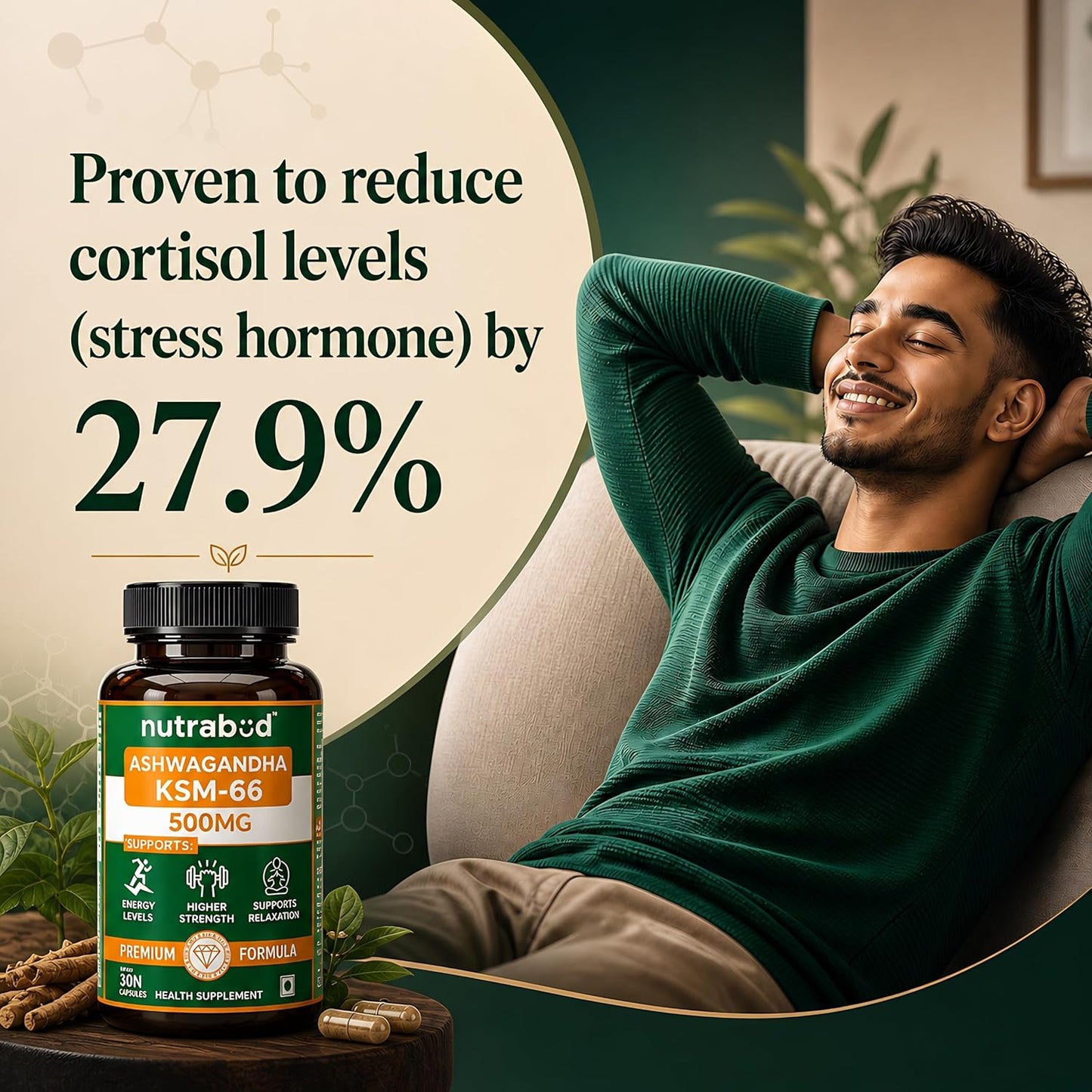 Nutrabud Ashwagandha KSM66 500mg - 30 Capsules - KSM 66 Ashwagandha Tablets for Men & Women - 5% Withanolides for Stress Relief, Energy & Recovery Support (30 Count (Pack of 1), Unflavoured)