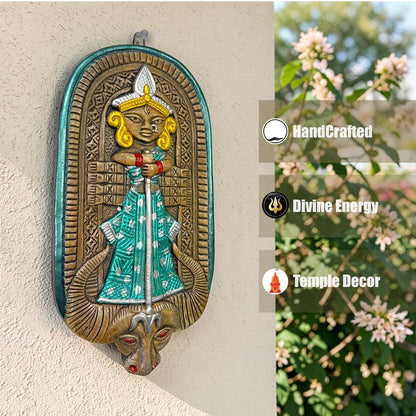 Maa Durga Terracotta Wall Hanging Idol Murti | Mahisasur Mardini Sherawali Devi MATA Wall Art Decor for Home, Temple, Mandir & Office Decor | Spiritual Gifting (23x12 CM)