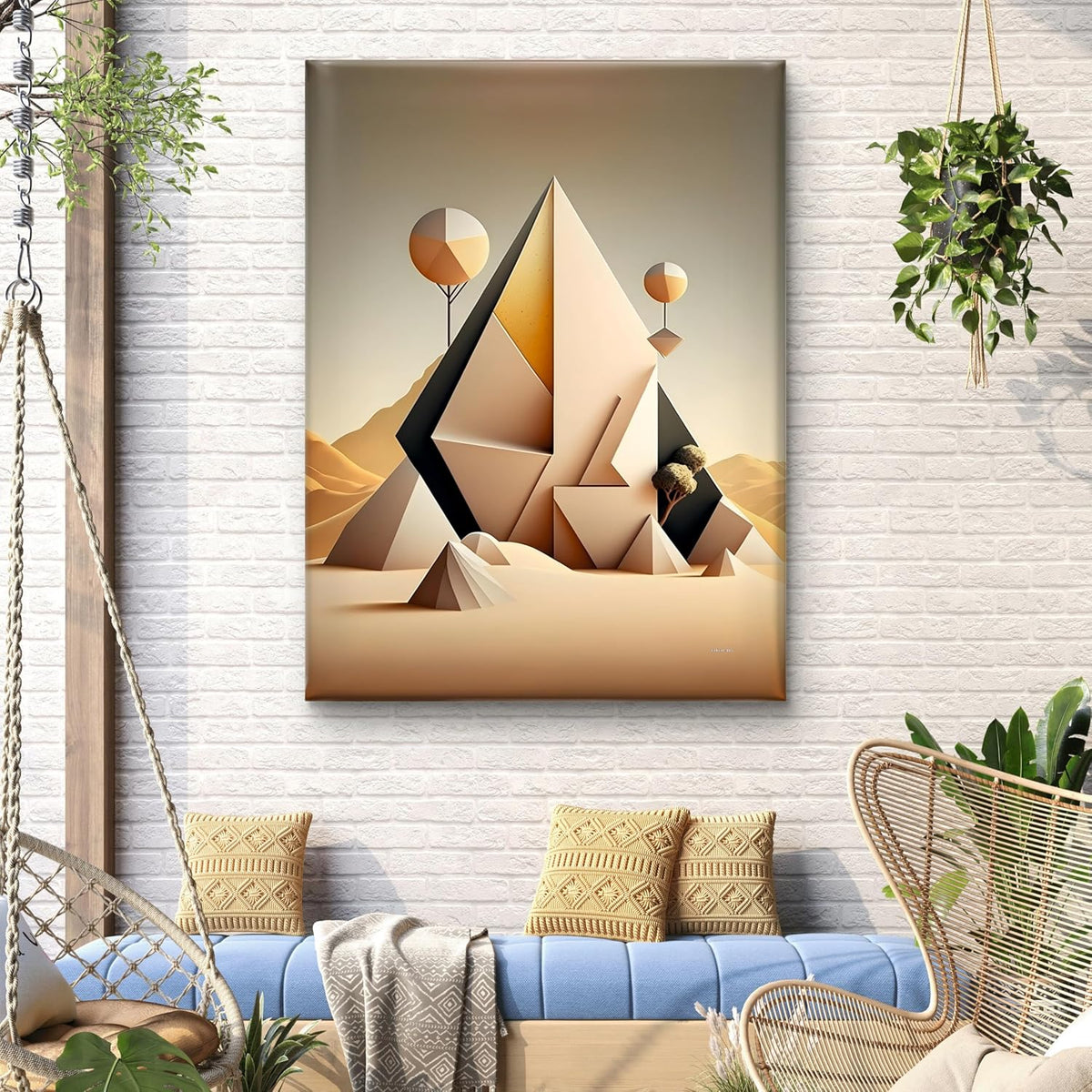 Geometric Pyramid Canvas Wall Art | Abstract Desert Landscape Painting for Living Room, Office, or Bedroom | Modern Beige & Black 3D Illusion Framed Art | Ready to Hang (18 x 24 Inch) CVD-493