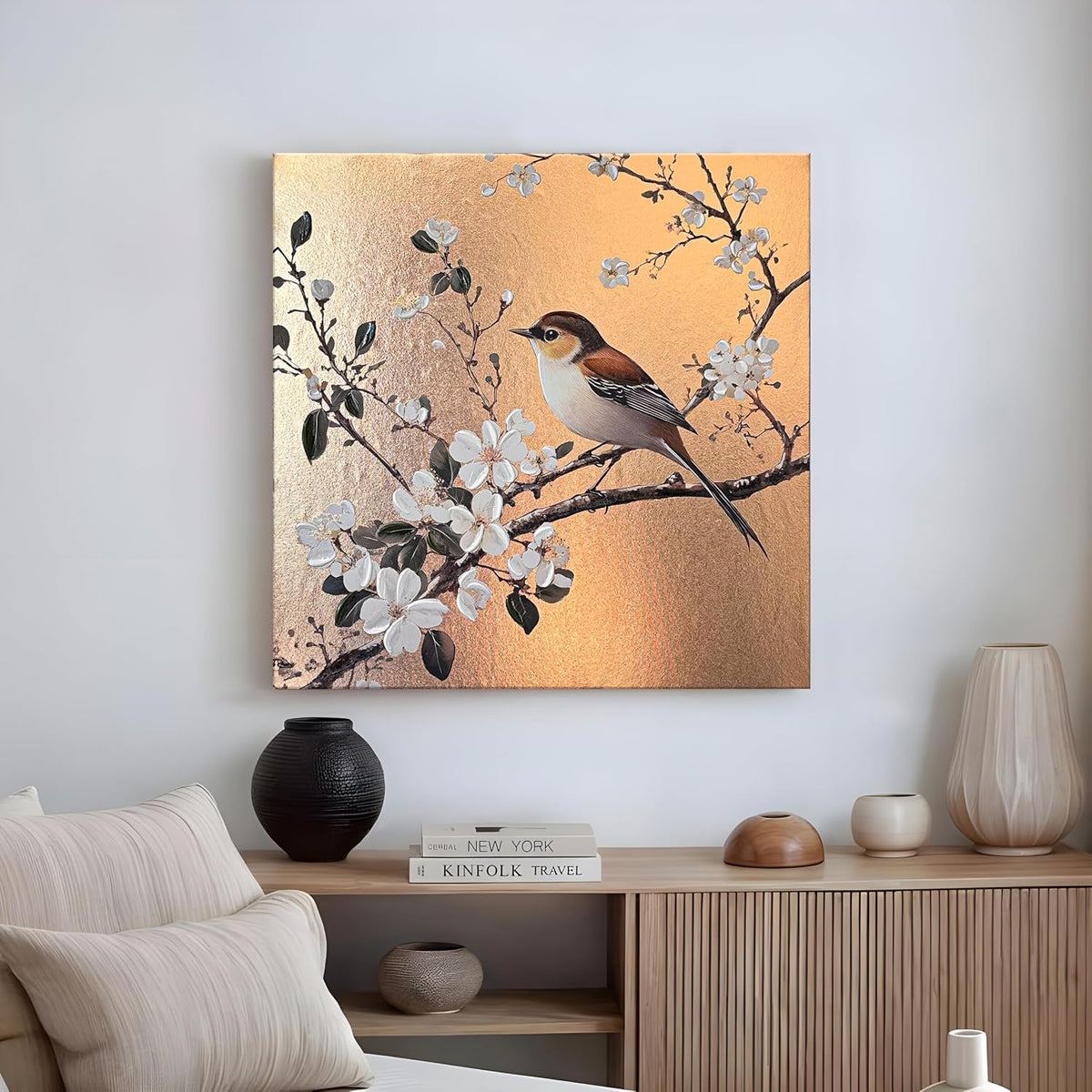 Stretched Canvas Glitter Gold Foil 3D Sparrow Birds of Cherry Blossom Flower Wall Art Bird Print with Hand-Painted Strokes Painting T1exture 3D Stretched Canvas Giclée Print, 61x61 cm