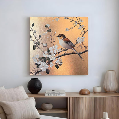 Stretched Canvas Glitter Gold Foil 3D Sparrow Birds of Cherry Blossom Flower Wall Art Bird Print with Hand-Painted Strokes Painting T1exture 3D Stretched Canvas Giclée Print, 61x61 cm