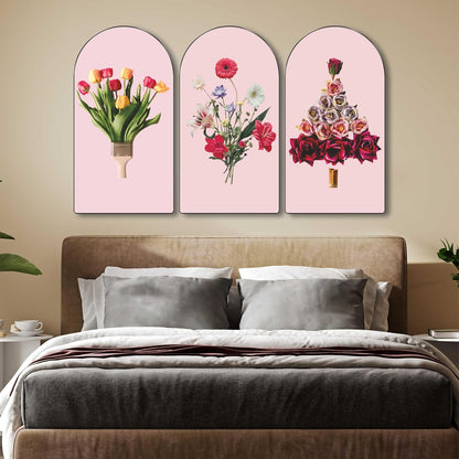 Floral Creative Abstract Wall Art 3 Panel Set | Modern Flower Painting on MDF | Artistic Pink Background Wall Décor for Living Room Bedroom Office Café (30 x 50 Inch) RPNL-79