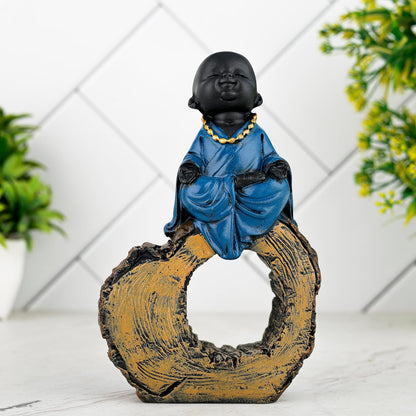 Laughing Buddha Baby Monk Idol Statue Showpiece Home Decor Items for Living Room and Gifts (Blue Black)