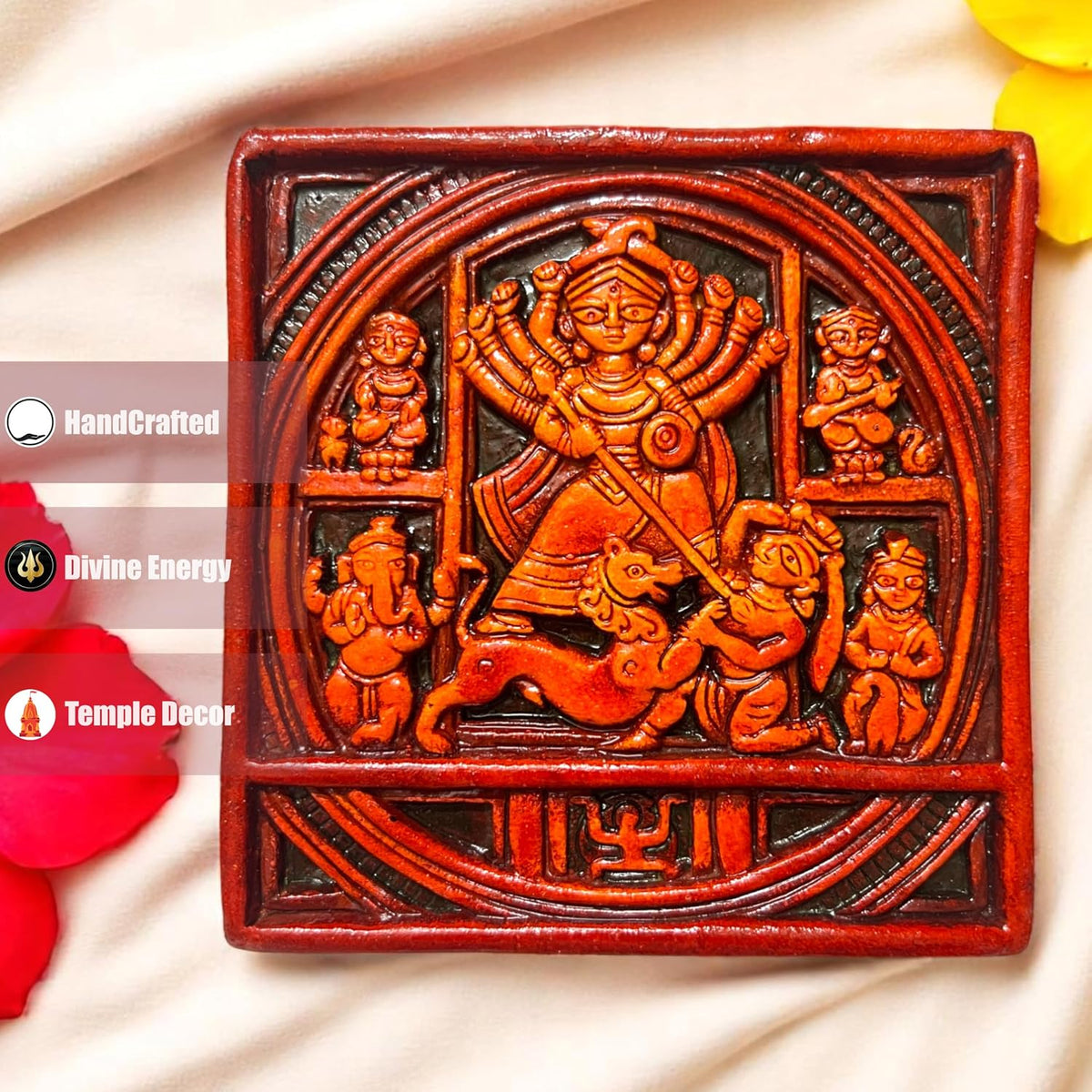 Maa Durga Wall Hanging Terracotta Idol Murti | Sherawali Devi MATA Hand-Painted Spiritual Wall Hanging Art Decor for Home Temple, Mandir, Living & Office Decor | Spiritual Gifts (15x15 CM)