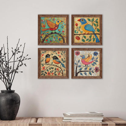 Multicolor Birds Wall Art Painting for living room, birds flower Framed painting, set of 4, 9x9 Inch