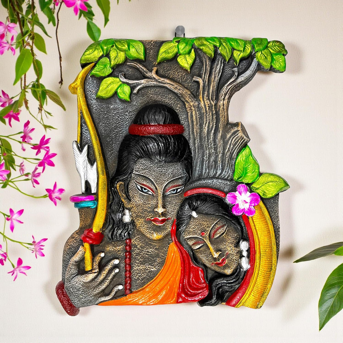 Ram Sita Terracotta Wall Hanging Idol Murti | Sita Ram Wall Decor | Wall Decor for Temple, Mandir, Home, Living & Office Decoration & Gifting | Spiritual Decor (27x21 CM)