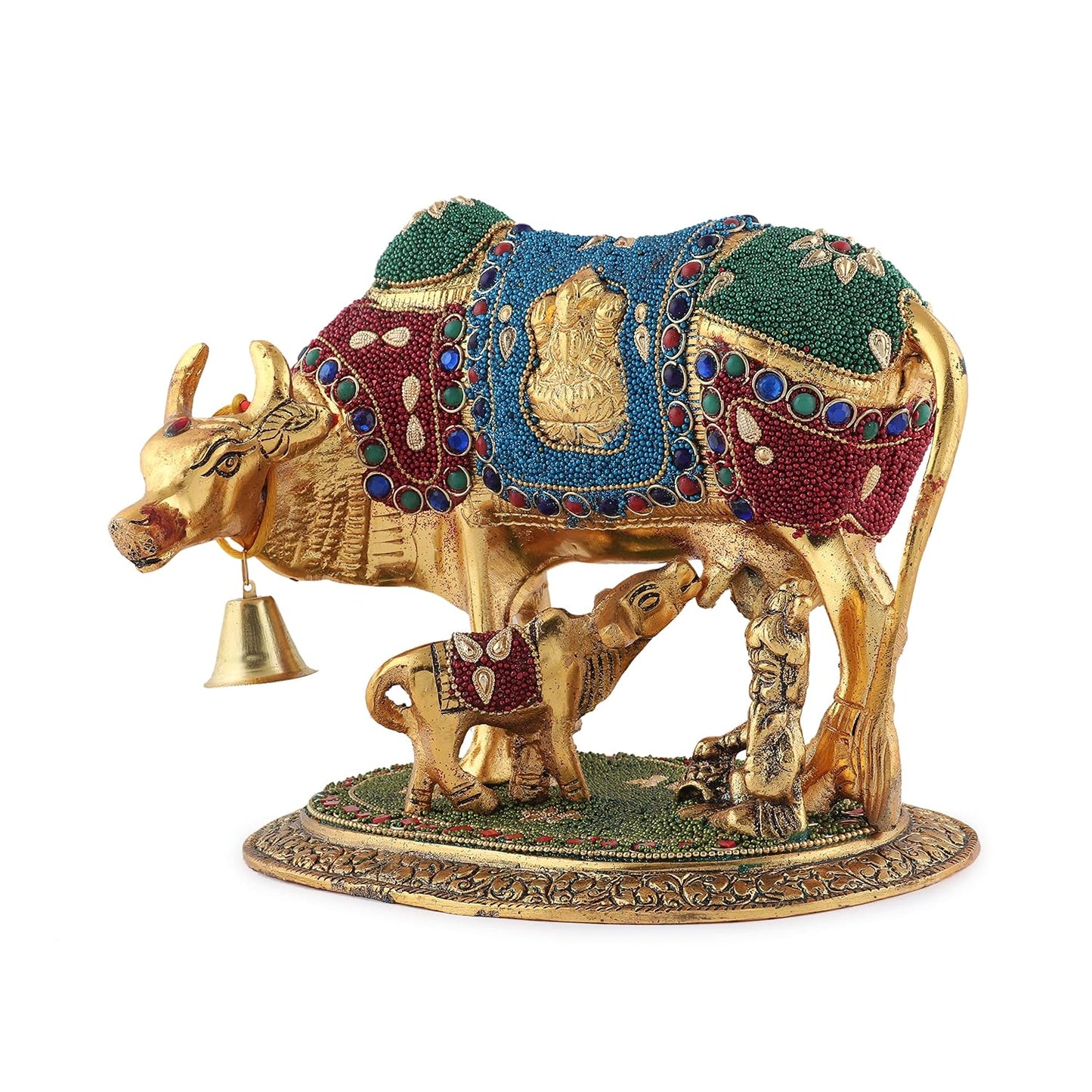 Kalakriti Gold Plated Kamdhenu Cow with Calf Statue |Gau MATA Idol for Pooja |Vastu Feng Shui Decorative Items for Home |Religious Idol Housewarming Gift | Showpiece with Krishna (21x17 cm,1 kg)